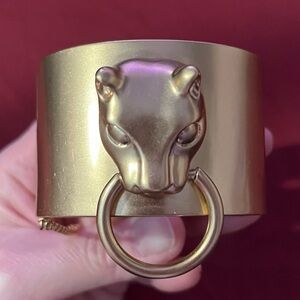 KULE Matte Gold metal hinged clip clasp cuff bracelet doorknocker panther head.